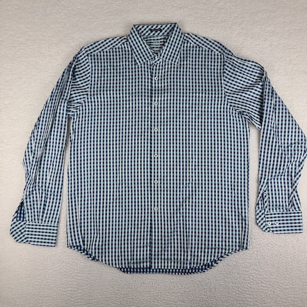 Bugatchi Uomo Shirt Mens Large Blue Teal Check Classic Fit Dress Button Up *